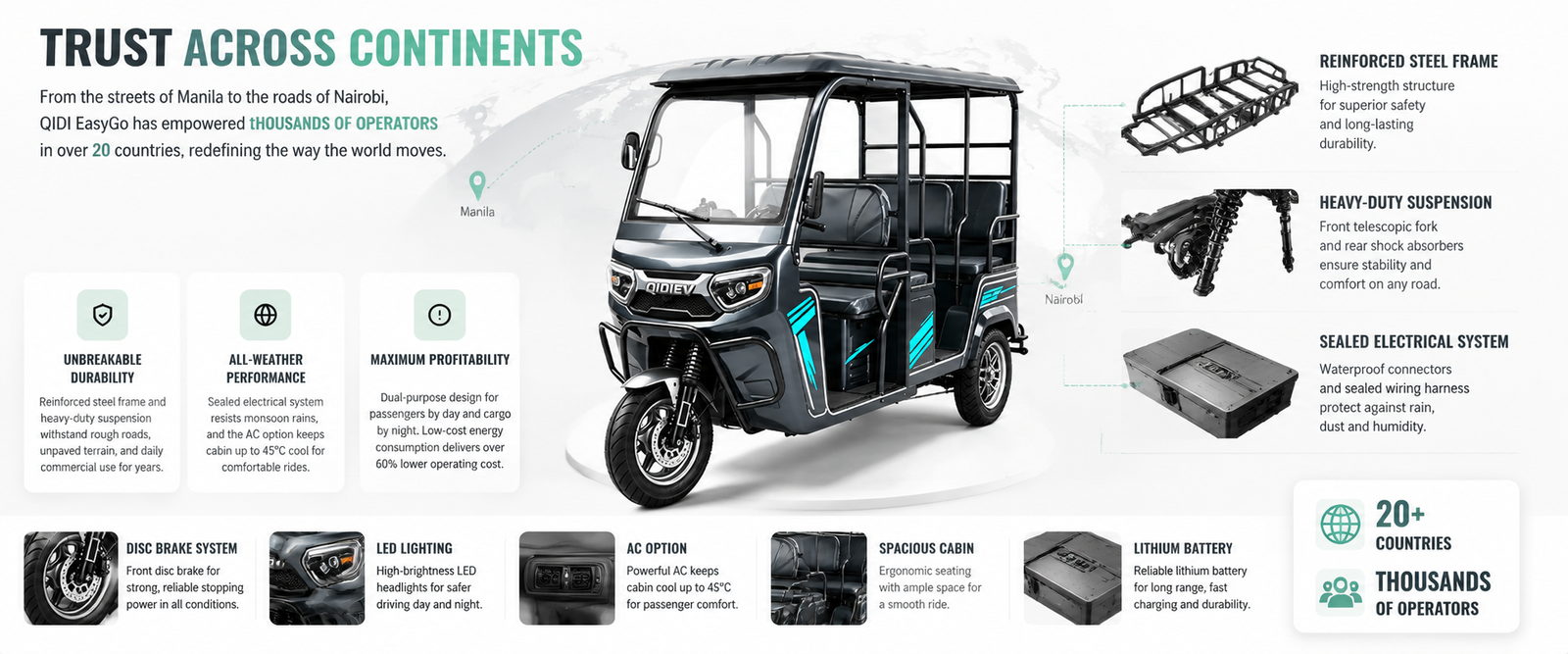 World map showing QIDI EasyGo electric tuk-tuk distribution across Southeast Asia, South Asia, Africa and Central Asia markets