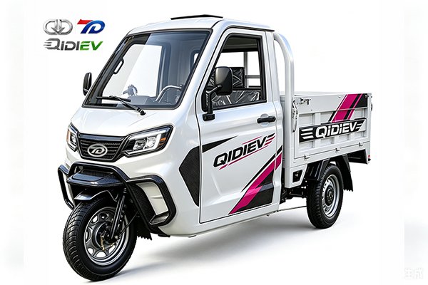Compact electric three-wheel utility scooter navigating narrow aisles between farm machinery inside a rural agricultural equipment station in Southeast Asia