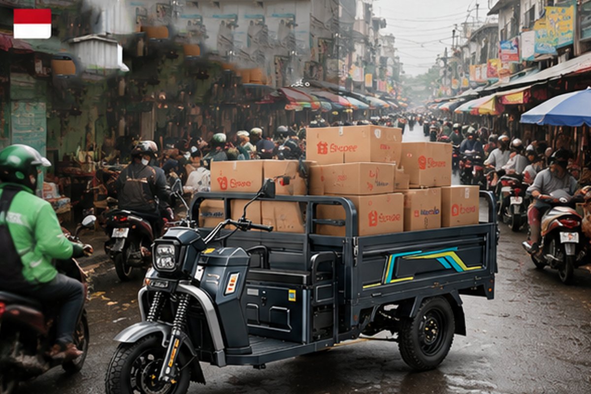 QIDI Land Cruiser HR-1 electric cargo tricycle navigating narrow alley in Jakarta Indonesia, delivering Shopee Lazada parcels through congested streets and monsoon floods