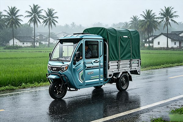 QIDI Atlas B-Pro open-top enclosed heavy-duty electric tricycle with 2000×1300×500mm 2.6m² cargo bed, side-panel cabin, and optional sunshade for hot-climate commercial hauling