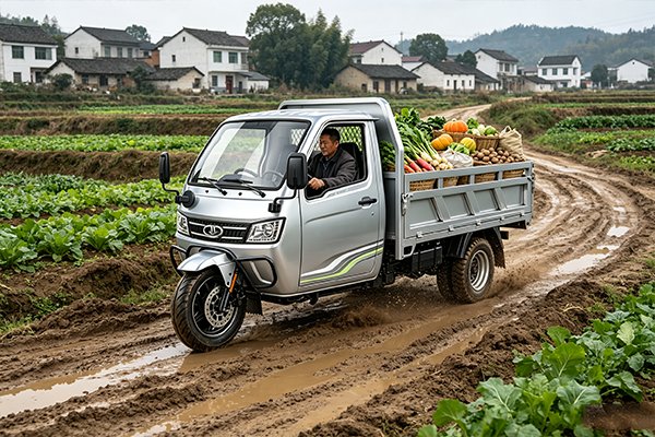 QIDI Atlas Max heavy-duty enclosed electric cargo tricycle with 2500×1600×500mm cargo bed, deployed for mining material transport, mega-construction sites, and cross-border heavy logistics