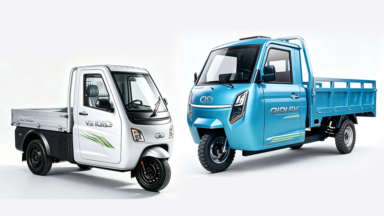 QIDI Atlas heavy duty electric cargo tricycle fully loaded with freight driving on highway near large warehouse district, industrial electric logistics vehicle