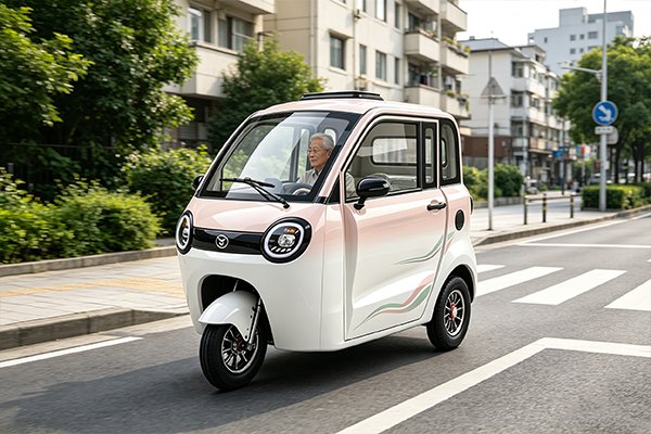 QIDI Aurora Q1 fully enclosed electric tricycle side view, 5-door design, 4-wheel disc brakes, 4.00-10 tubeless tires, for family commuting