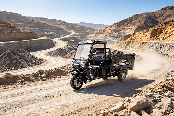 QIDI Land Cruiser B Pro electric tricycle with integrated rain canopy and 500mm heightened sideboards, performing hydraulic self-unloading of bulk construction materials on a rainy job site