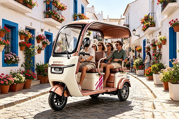 QIDI JoyRide open air electric passenger trike touring coastal resort, scenic leisure mobility for tourists