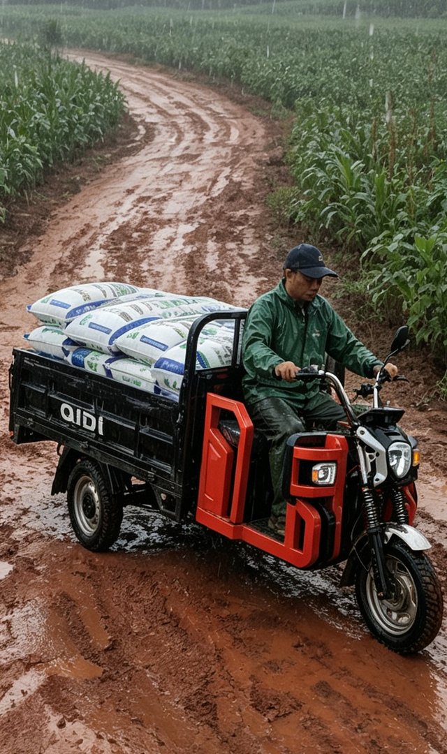 QIDI Land Cruiser electric cargo tricycle fully loaded with goods, driving on rural road, heavy-duty three-wheel electric freight vehicle