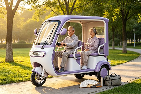 QIDI JoyRide RS1 electric leisure tricycle with integrated roof canopy, 650W differential motor, 60V 32Ah lead-acid battery, for family errands and all-weather urban transport