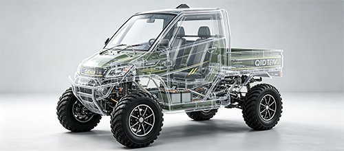 QIDI TANK series electric UTV chassis exploded view showing high torque brushless motor, hydraulic disc brake system and reinforced dual beam frame for off-road utility applications