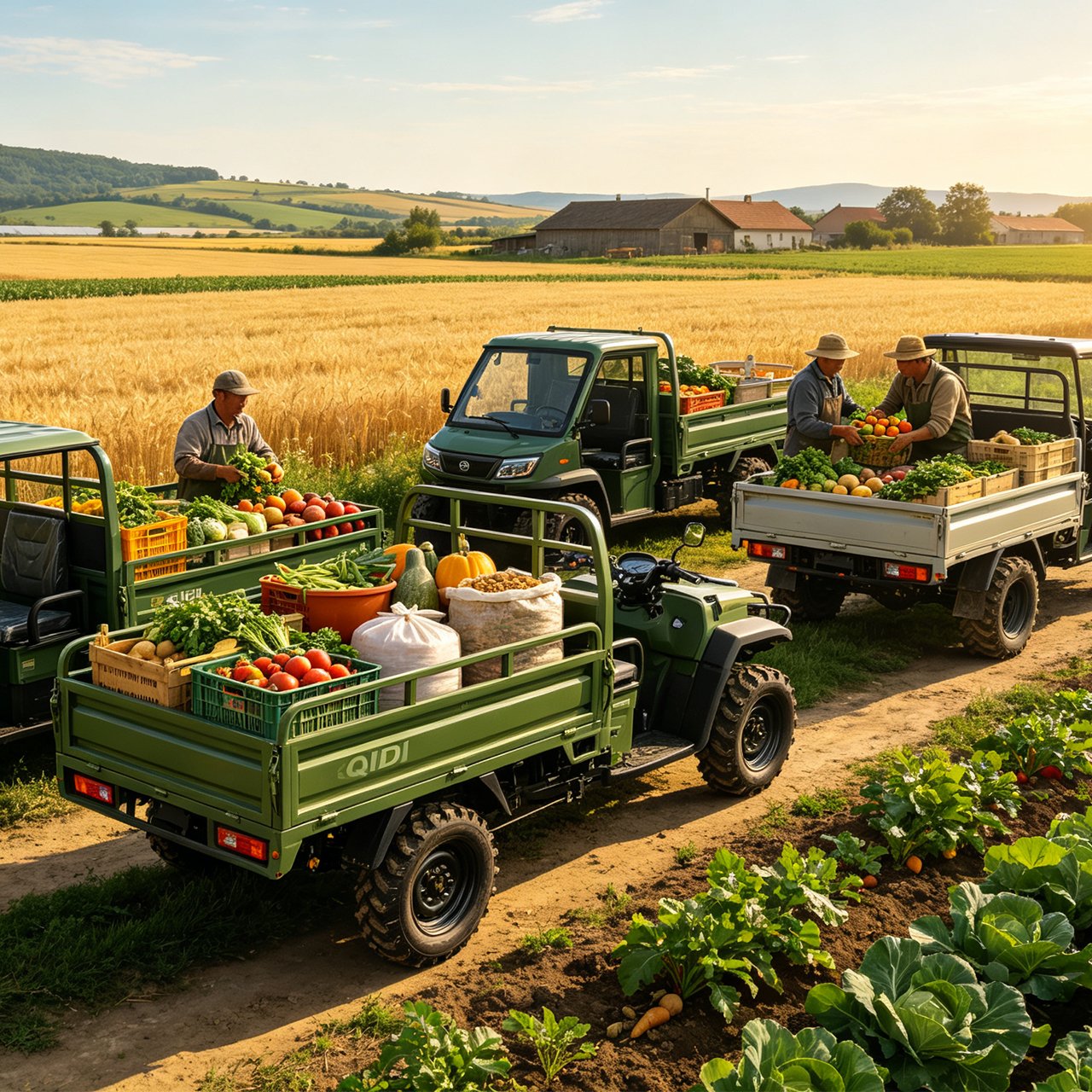 QIDI TANK series electric UTV traversing muddy agricultural terrain in Southeast Asia, heavy-duty off-road utility vehicle with 2-ton payload capacity for extreme environments including desert, farm and construction sites across global markets