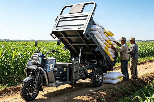 QIDI electric cargo tricycle loaded with urea fertilizer bags at sunrise, ready for field delivery