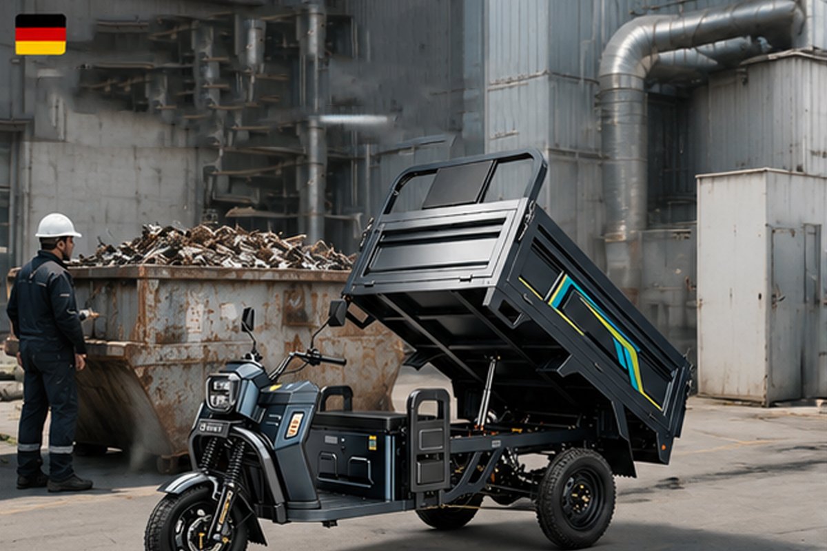 QIDI Land Cruiser HR-1 electric hydraulic dumping tricycle operating in German factory yard, handling industrial waste and materials for workplace transport