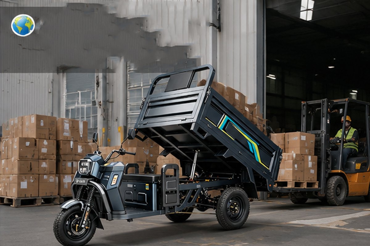 QIDI Land Cruiser HR-1 electric tricycle with hydraulic dump bed in warehouse logistics yard, transporting goods for urban distribution and retail replenishment