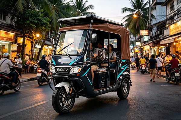 QIDI EasyGo B 2-4 black electric passenger tuk-tuk with premium leather canopy and rear luggage rack, positioned for luxury tourism and VIP taxi operations, showing 2700mm length and automotive-grade wide tyres