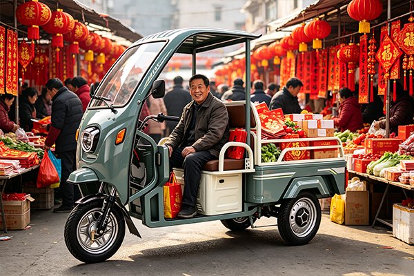 QIDI JoyRide T1 electric recreational tricycle with removable rain canopy, 800W/1000W motor, 48V/60V 32-45Ah lead-acid battery, φ31 suspension, front disc rear drum brakes, for all-weather cargo and family transport