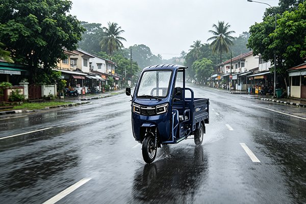 QIDI Land Cruiser B2 electric tricycle with detachable fenders and removable canopy, configured for urban delivery in narrow market alleys, showing quick-release mechanism and weather-protected cargo deck