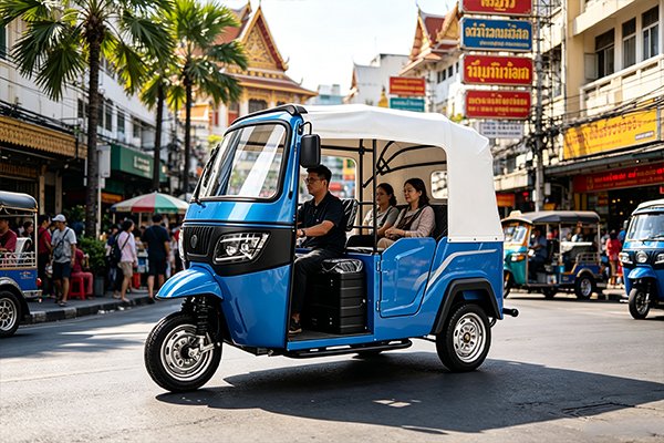 QIDI EasyGo 2-4 Blue electric tuk-tuk with integrated rain cover, 1350mm wide cabin, deployed for all-weather taxi and tourism operations in Southeast Asia and Africa