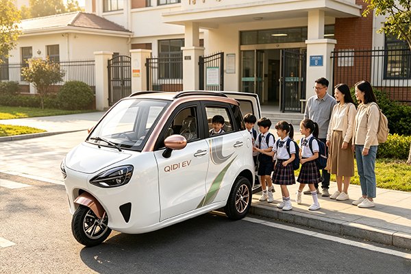 QIDI Aurora fully enclosed electric passenger tricycle picking up children from elementary school, safe school run mobility solution for families