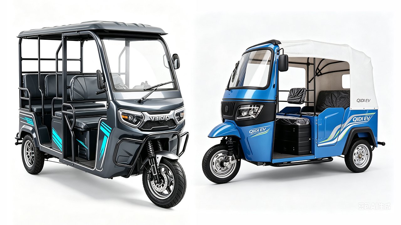 QIDI EasyGo electric tuk-tuk tricycle operating on busy street in Southeast Asia, durable passenger transport vehicle for developing markets