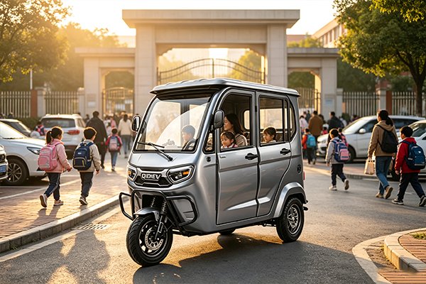 QIDI EasyGo F 2-4 fully enclosed electric passenger tuk-tuk with 4-door 4-seat cabin, operating as urban taxi in narrow streets, showing weatherproof enclosure and compact 2515mm length