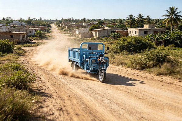 QIDI Land Cruiser Q7 hybrid high-sided electric tricycle loaded with mixed construction and agricultural cargo, showing optional hydraulic dump mechanism and 400mm reinforced steel side walls