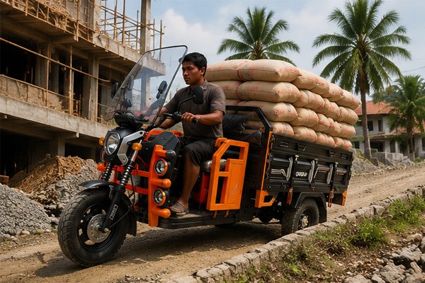 QIDI Land Cruiser G1-Pro hauling cement bags and steel rebars through Jakarta construction site, 1800W motor climbing steep ramps with 1200kg load
