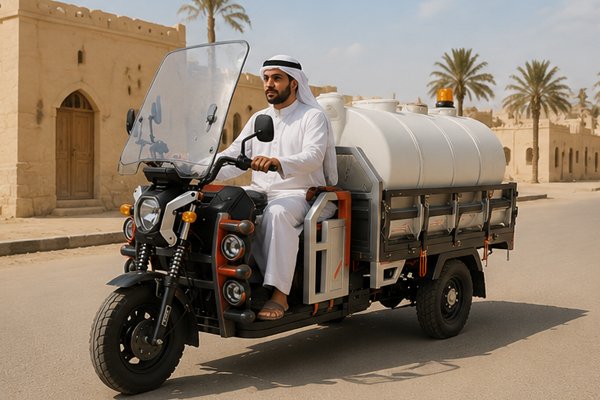 QIDI Land Cruiser G1-Pro delivering water and supplies in Dubai UAE 50°C desert heat, heavy-duty electric tricycle with reinforced windshield for driver comfort