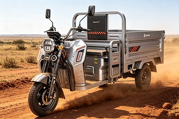 QIDI Land Cruiser R1 Silver electric tricycle loaded with 600kg of produce at a busy African market, heavy-duty cargo tricycle for wholesale distribution in developing markets