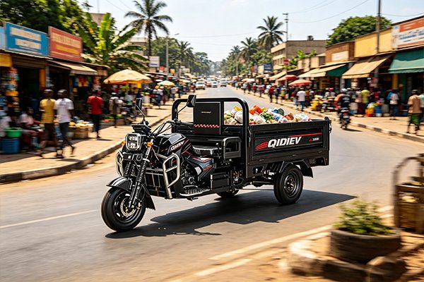 QIDI Land Cruiser R3 Camouflage electric tricycle navigating muddy off-road terrain with full cargo load