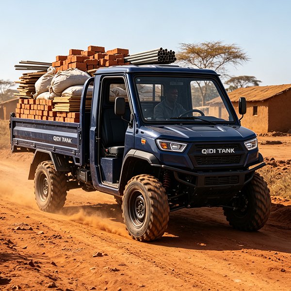 QIDI TANK electric UTV hauling construction materials on unpaved rural roads in Nigeria Africa heavy-duty transport logistics