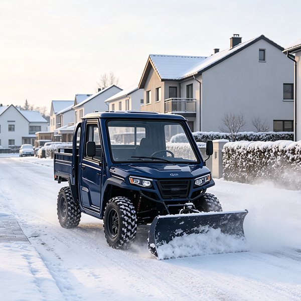 QIDI TANK electric UTV plowing snow on residential estate in Germany Europe eco-friendly low-noise utility vehicle