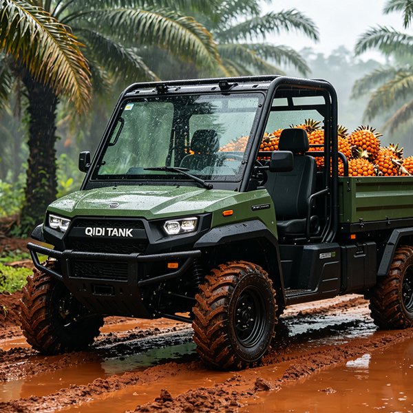 QIDI TANK electric UTV transporting palm fruits on muddy plantation roads in Indonesia Southeast Asia agricultural operations 2-ton payload capacity