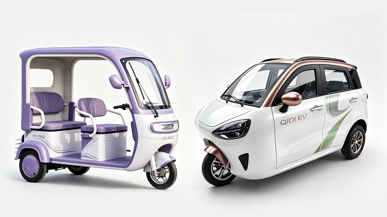QIDI JoyRide open-air electric passenger trike and Aurora fully enclosed electric trike parked at a coastal resort community, lifestyle mobility scene for daily commute and leisure trips