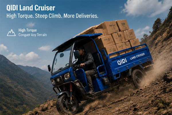 QIDI Land Cruiser electric cargo trike climbing steep dirt slope with full load, high torque electric motor performance