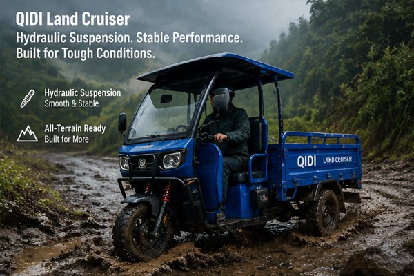 QIDI Land Cruiser three-wheel electric cargo trike with hydraulic suspension stable on muddy rough terrain