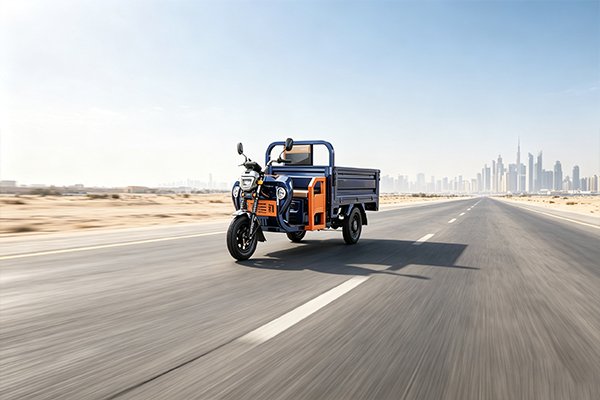 QIDI Land Cruiser Q5 reinforced high-sided electric tricycle loaded with bulk construction materials, showing 450mm steel side walls under maximum payload
