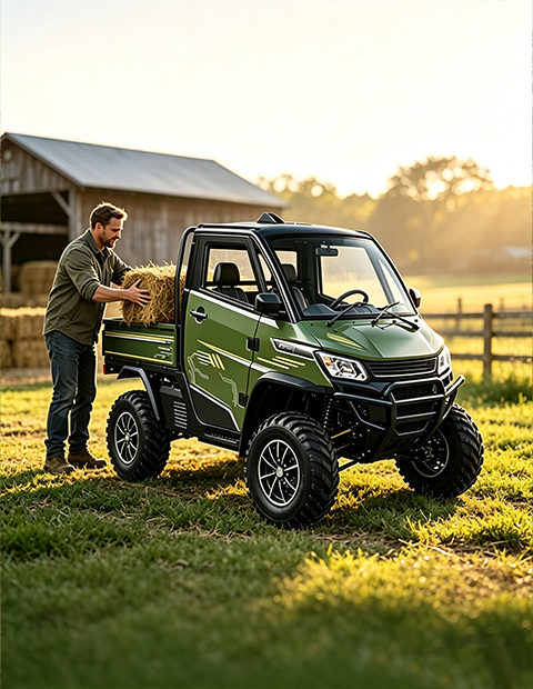Green electric utility truck loading square hay bales on an Australian farm pasture, all-terrain tires, zero emission