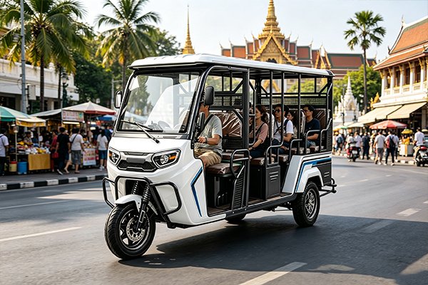 QIDI EasyGo 5-12 semi-enclosed electric tuk-tuk with 12-person capacity, deployed for village commuting in Ethiopia and tourist group transport in Southeast Asia