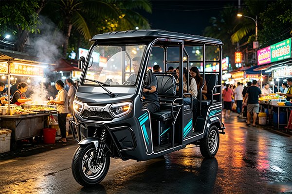 QIDI EasyGo 2-6 semi-enclosed electric tuk-tuk with 6-person capacity, 300mm ground clearance, deployed for tourist group transport and village commuting on rough terrain