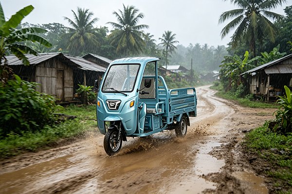 QIDI Land Cruiser B1 semi-shed electric tricycle delivering goods in urban market alleys, featuring quick-detach rainproof canopy and compact 1600×1100mm cargo deck
