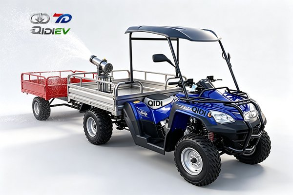 Electric utility vehicle with mounted flail mower clearing grass and brush on Australian farm tracks
