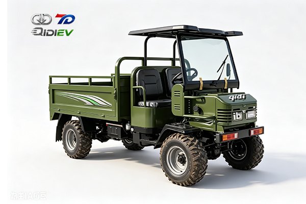 Electric 4x4 UTV hauling timber logs and fence posts across rough Australian outback terrain