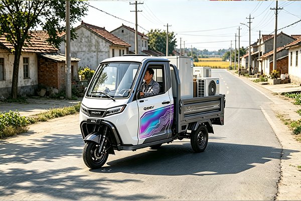 QIDI Thunder E-Pro semi-enclosed farm electric tricycle with air conditioning, 1500×1100×300mm cargo box, deployed for hot-climate agricultural transport in Southeast Asia and Africa