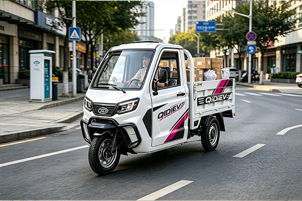 QIDI Thunder E-Ultra semi-enclosed farm electric tricycle with air conditioning, 1500×1100×350mm cargo box, deployed for heavy-duty all-day agricultural transport in large plantations and mountain orchards