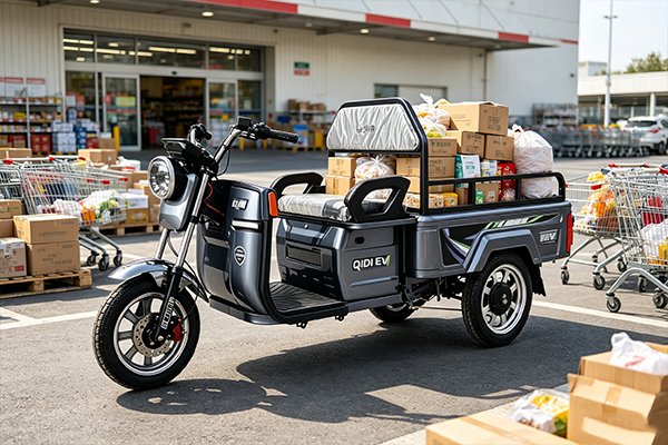 QIDI passenger tricycles parked at local farmers market, convenient grocery shopping mobility for seniors and families