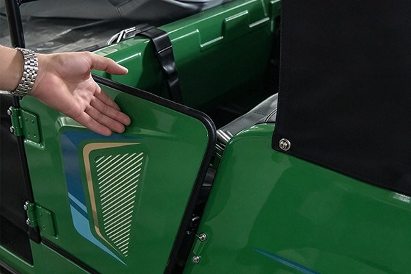 EasyGo TukTuk electric passenger tricycle side profile showing 3435mm length, enclosed cabin and 7-seat layout
